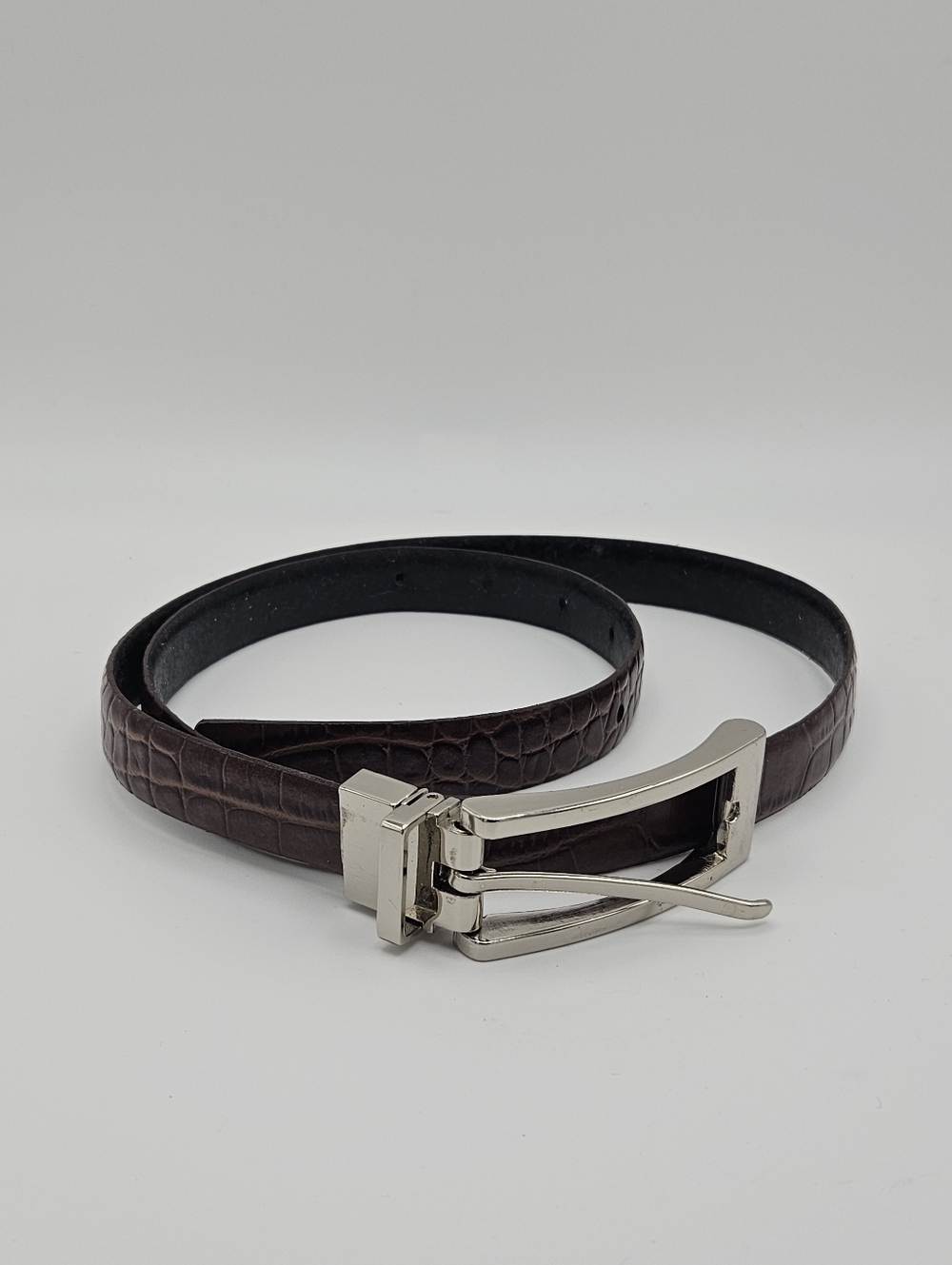 brown croc embossed skinny leather belt with silver tone rectangular buckle med